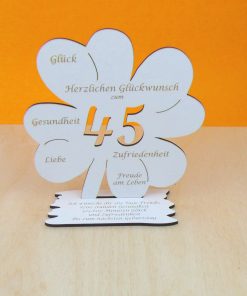 Zum 45. Geburtstag, Vintage Gutscheingeschenk großes Kleeblatt 16 cm 365 Tage Freude, 8760 Stunden Gesundheit…