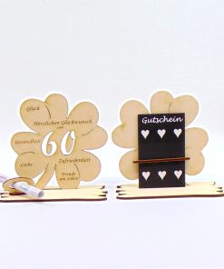 Geld- und Gutscheingeschenk zum 60. Geburtstag, Kleeblatt 11,7 cm / ohne Gravur